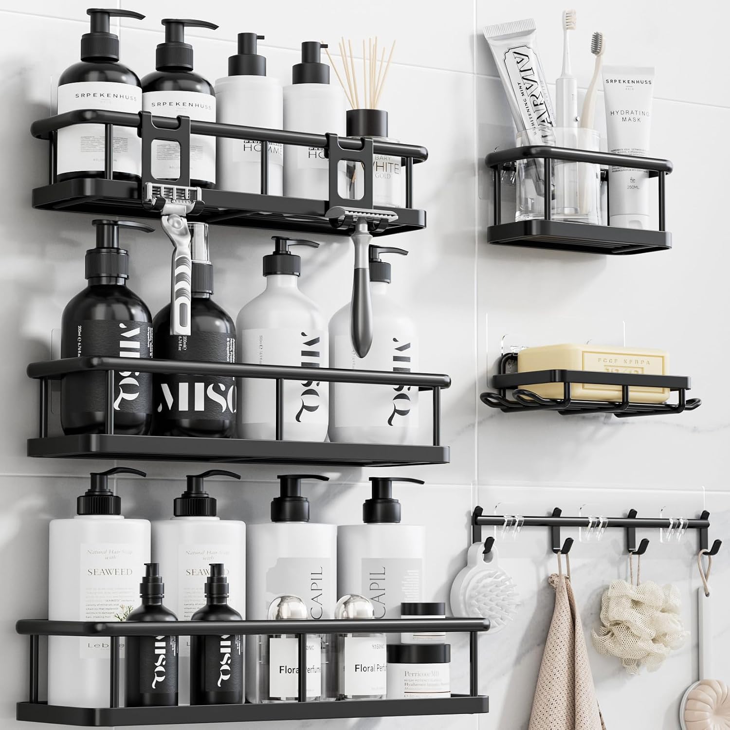 The Shower System - matte black 6-piece bathroom organizer on tiled wall